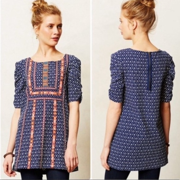 Anthropologie Akemi + Kin Blue Aztec Seva Embroidered Tunic size M - Picture 1 of 11